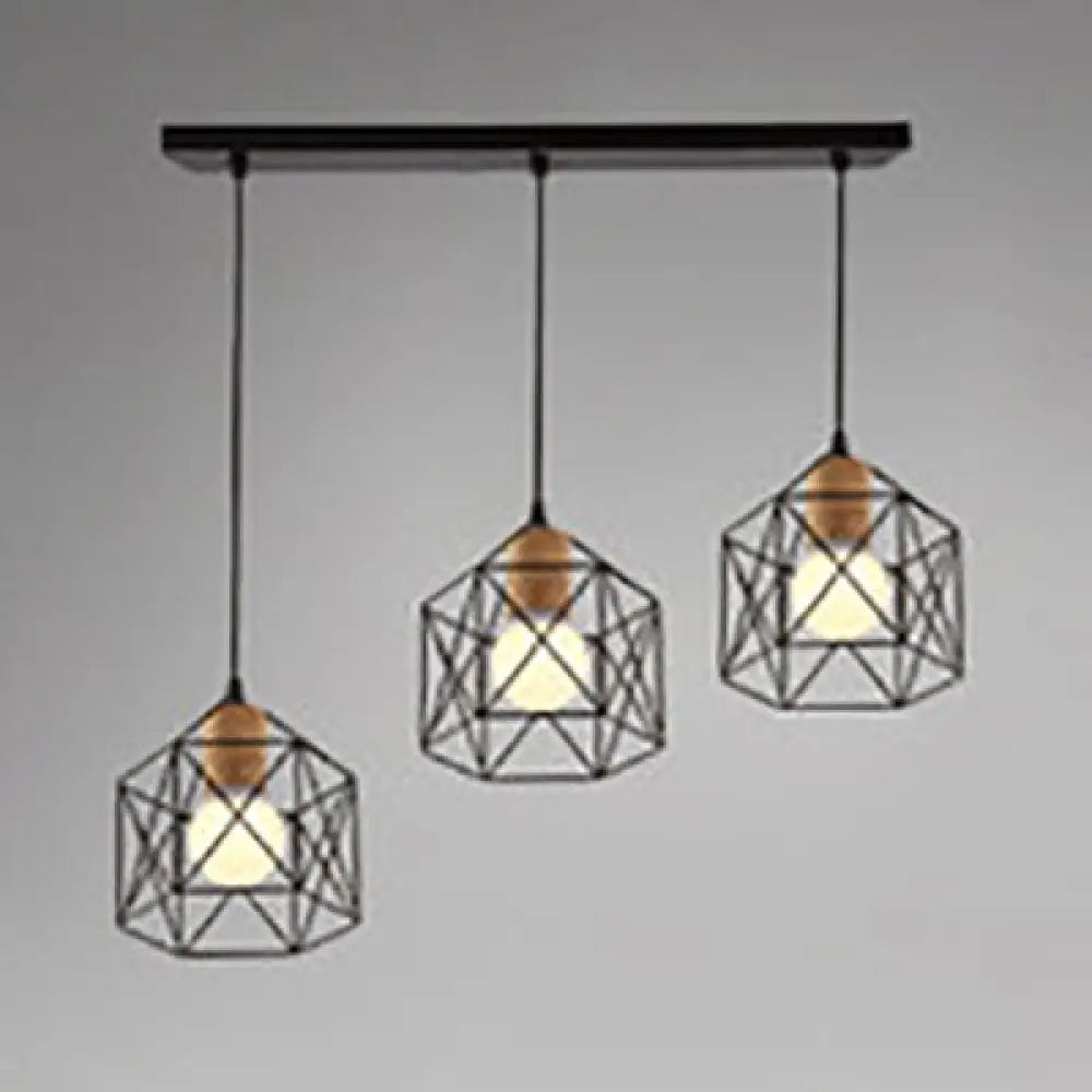 Stylish Retro Pendant Light With 3-Head Ceiling Fixture And Metal Globe/Hexagon Cage Shade In Black