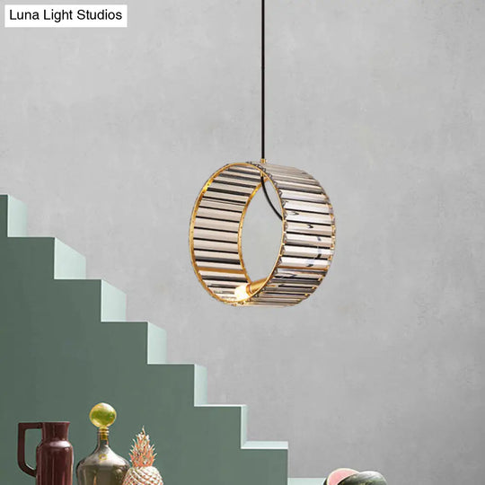 Stylish Crystal Pendant Ceiling Lamp For Dining Room - Modern Ribbed Design 1-Light Brass Hanging