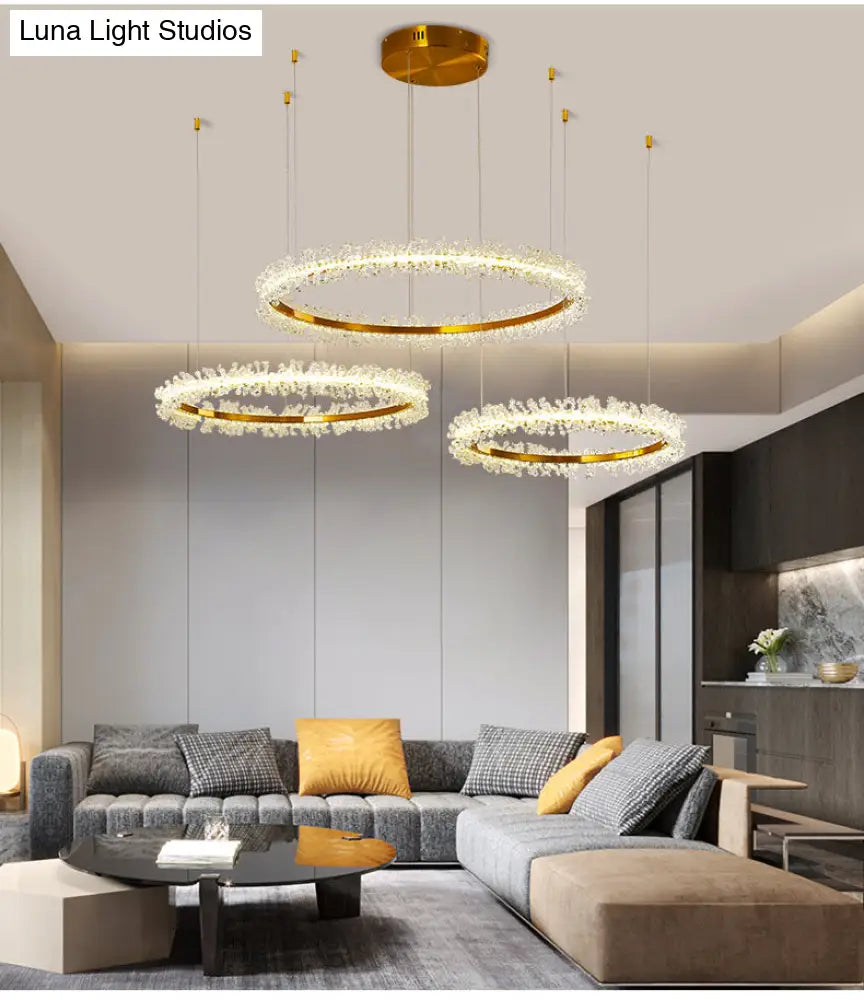 Stylish Ring Pendant Chandelier With Led Flower Crystal Light - Elegant Gold Living Room Fixture