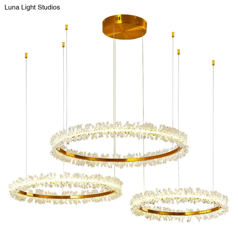 Stylish Ring Pendant Chandelier With Led Flower Crystal Light - Elegant Gold Living Room Fixture