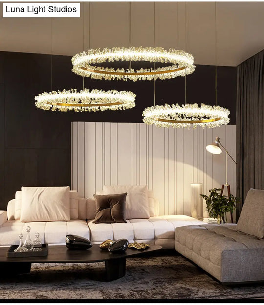 Stylish Ring Pendant Chandelier With Led Flower Crystal Light - Elegant Gold Living Room Fixture