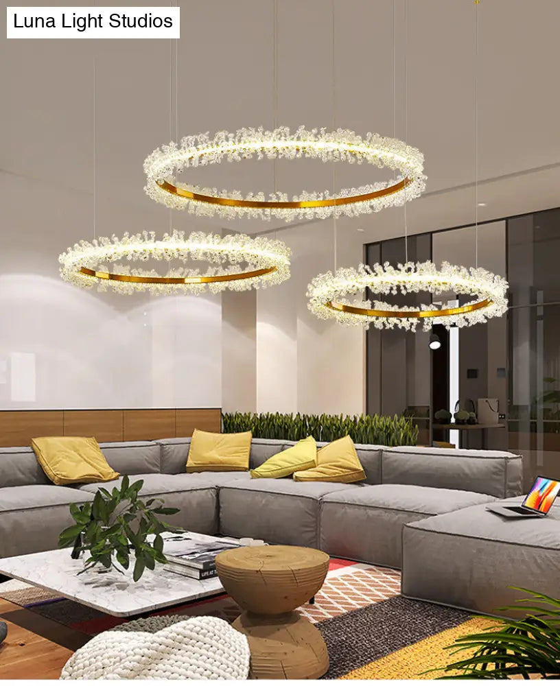 Stylish Ring Pendant Chandelier With Led Flower Crystal Light - Elegant Gold Living Room Fixture