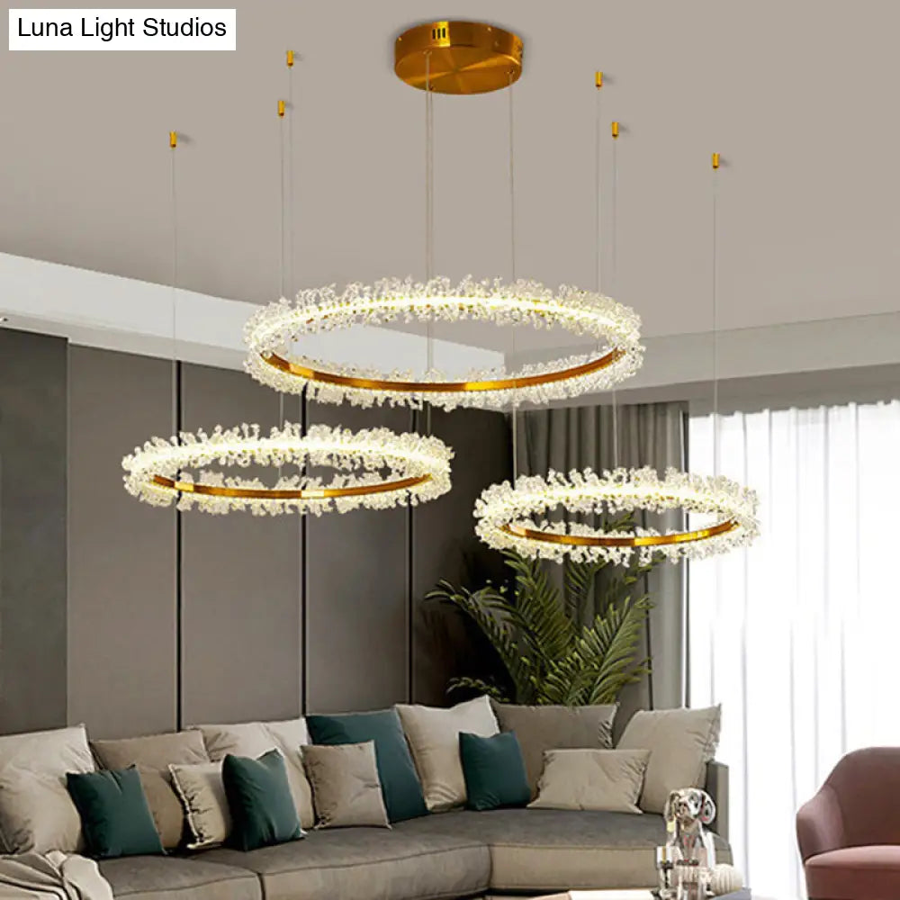 Stylish Ring Pendant Chandelier With Led Flower Crystal Light - Elegant Gold Living Room Fixture