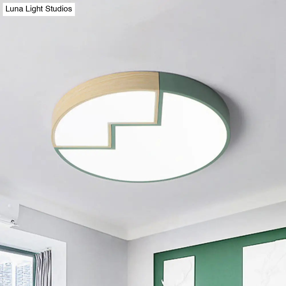 Stylish Round Macaron Flush Mounted Lamp In Grey/Green And Wood - Led Splicing Bedroom Lighting