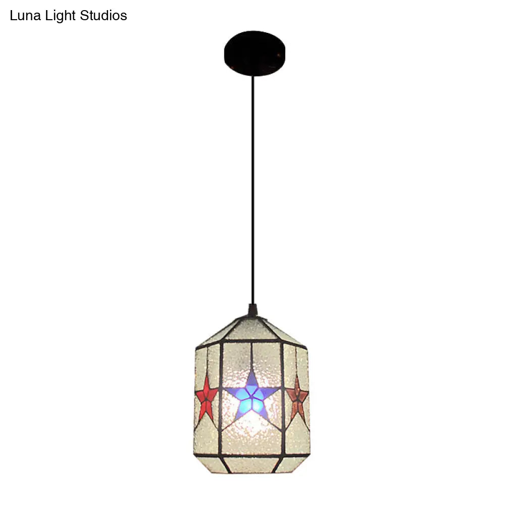 Stylish Star Design Pendant Ceiling Light - White/Clear Tiffany Art Glass Stainless 1-Light