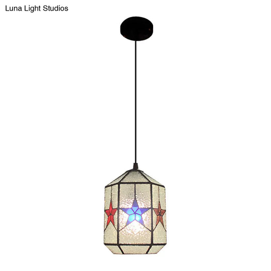 Stylish Star Design Pendant Ceiling Light - White/Clear Tiffany Art Glass Stainless 1-Light