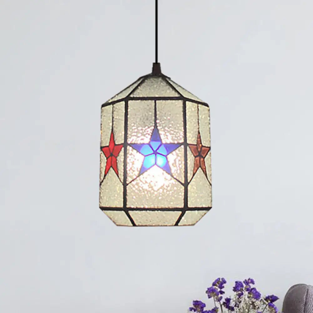 Stylish Star Design Pendant Ceiling Light - White/Clear Tiffany Art Glass Stainless 1-Light