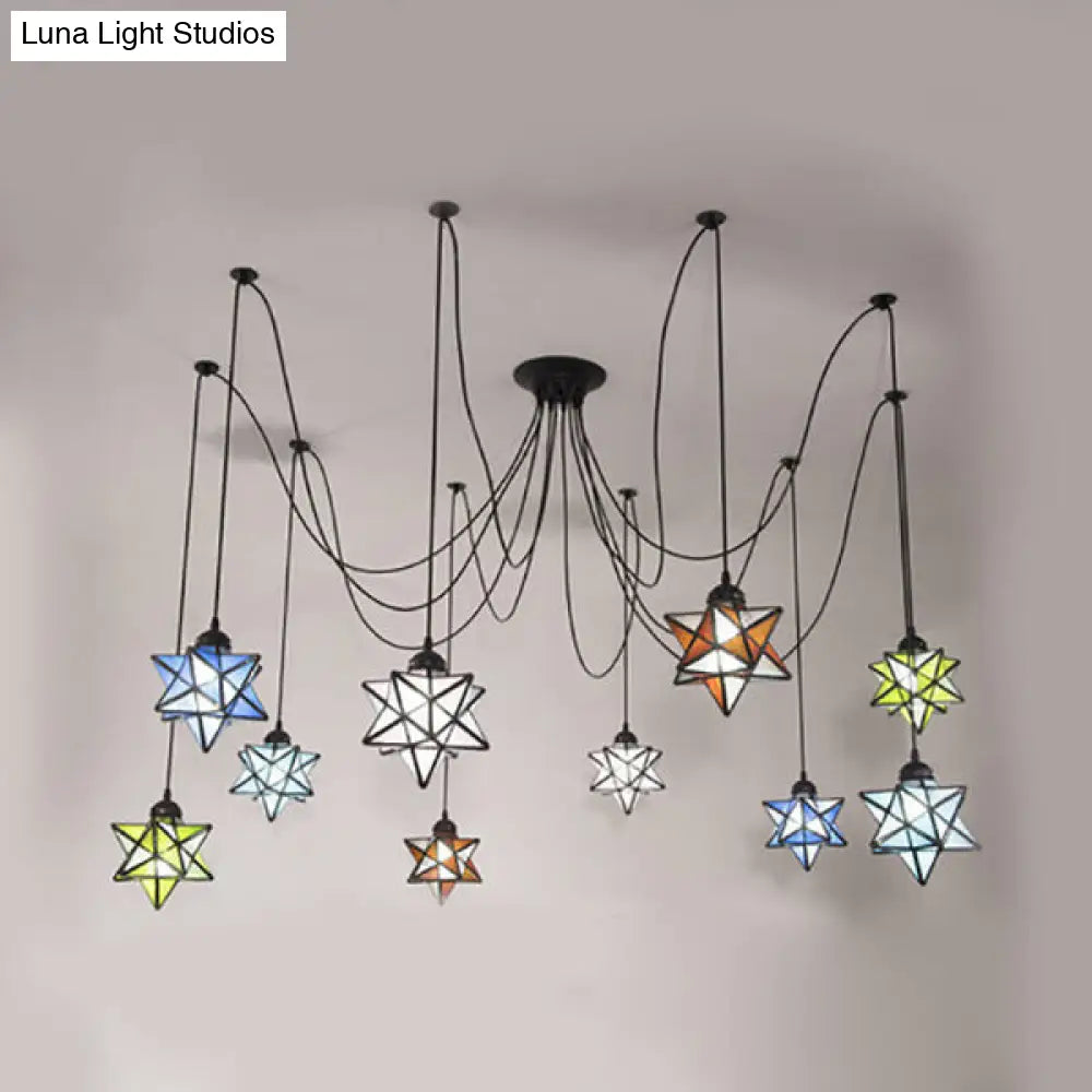 Black Stained Glass Swag Pendant Light With Star Shade And Multiple Hanging Lights