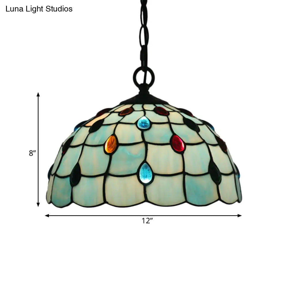 Stylish Tiffany Beaded Pendant Light For Dining Room - Blue/Silver Glass 12/16 Width 1