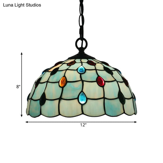 Stylish Tiffany Beaded Pendant Light For Dining Room - Blue/Silver Glass 12/16 Width 1