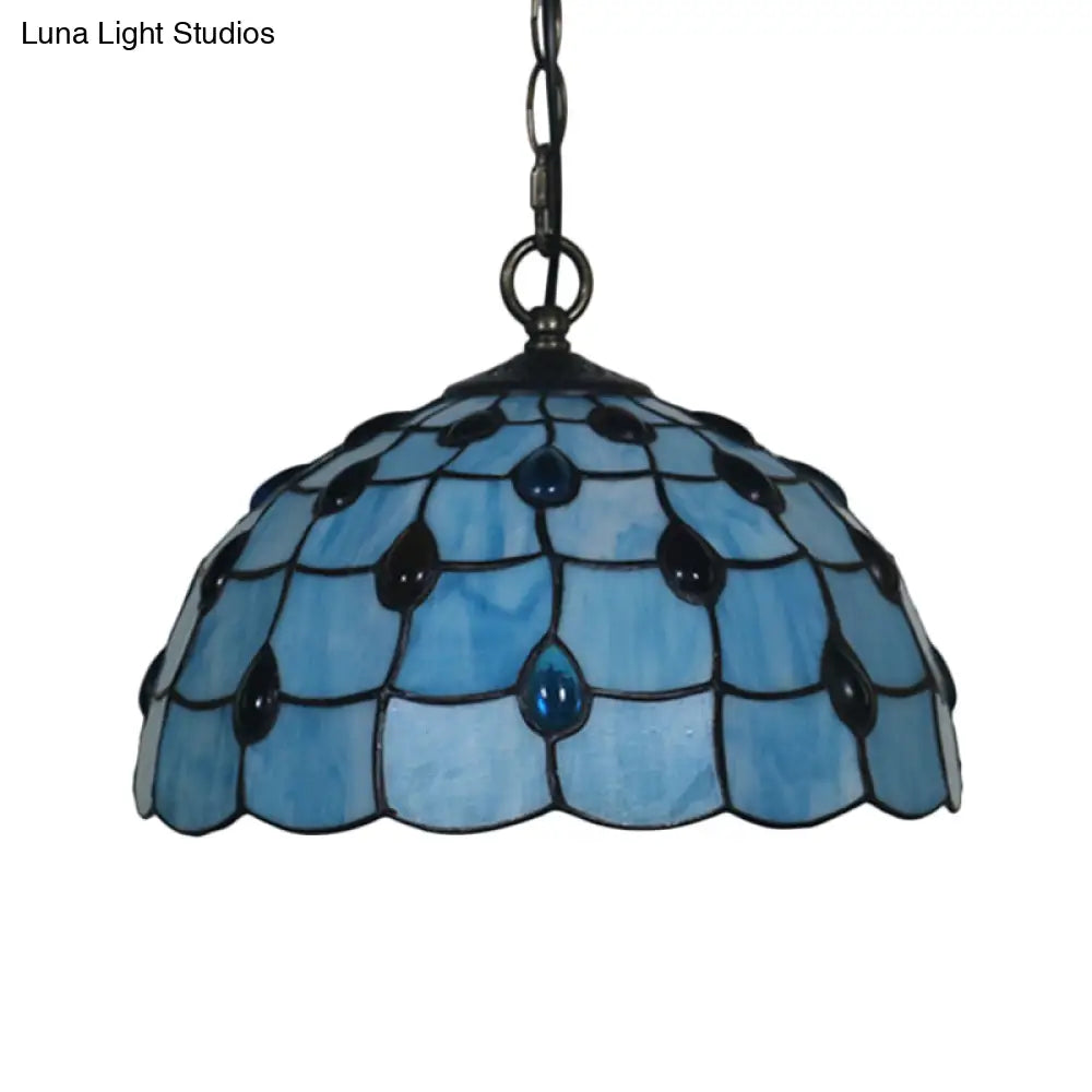 Stylish Tiffany Beaded Pendant Light For Dining Room - Blue/Silver Glass 12/16 Width 1