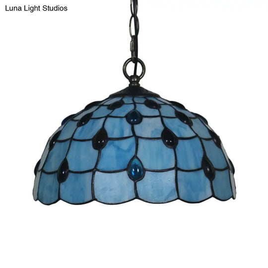 Stylish Tiffany Beaded Pendant Light For Dining Room - Blue/Silver Glass 12/16 Width 1