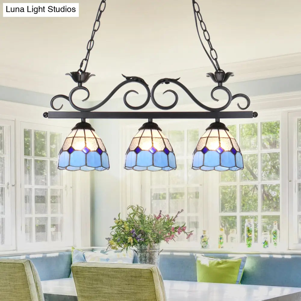 Stylish Tiffany Pendant Light Fixture - Stainless Glass Blue Island Lighting With Grid Dome Shade 3