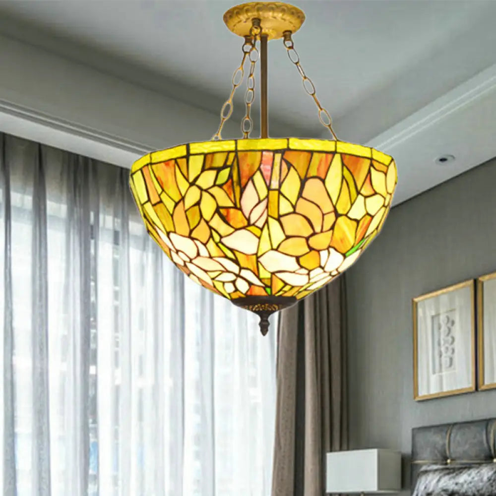 Stylish Tiffany Petal Ceiling Pendant Chandelier - Stained Glass Vibrant Yellow Ideal For Dining