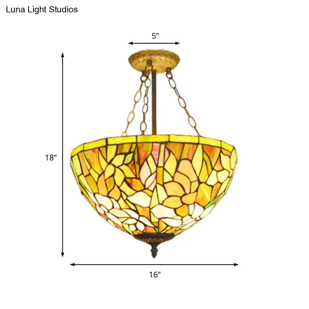Stylish Tiffany Petal Ceiling Pendant Chandelier - Stained Glass Vibrant Yellow Ideal For Dining