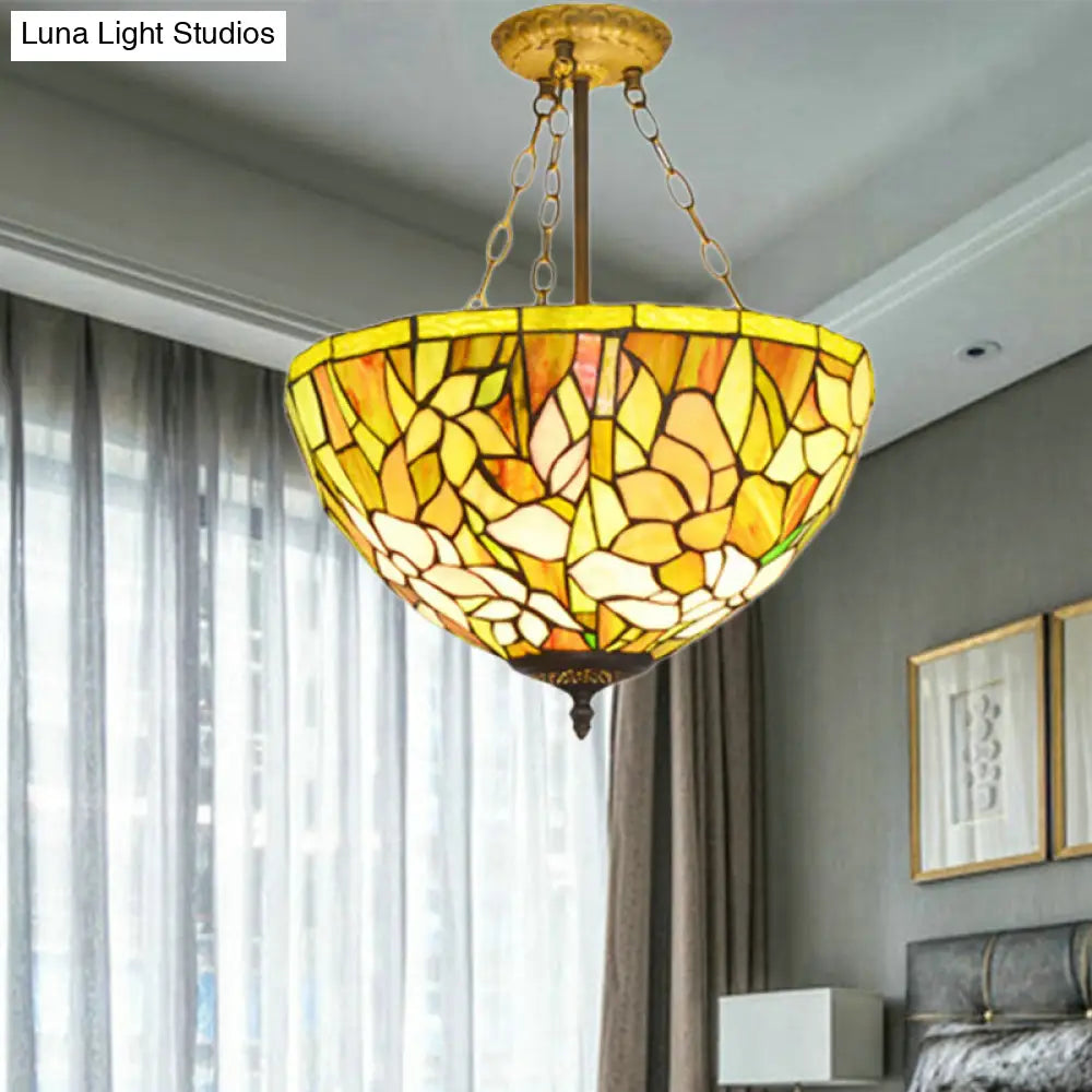 Stylish Tiffany Yellow Stained Glass Petal Pendant Chandelier For Dining Room
