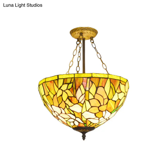 Stylish Tiffany Yellow Stained Glass Petal Pendant Chandelier For Dining Room