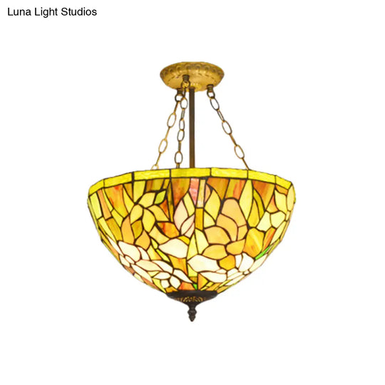 Stylish Tiffany Petal Ceiling Pendant Chandelier - Stained Glass Vibrant Yellow Ideal For Dining