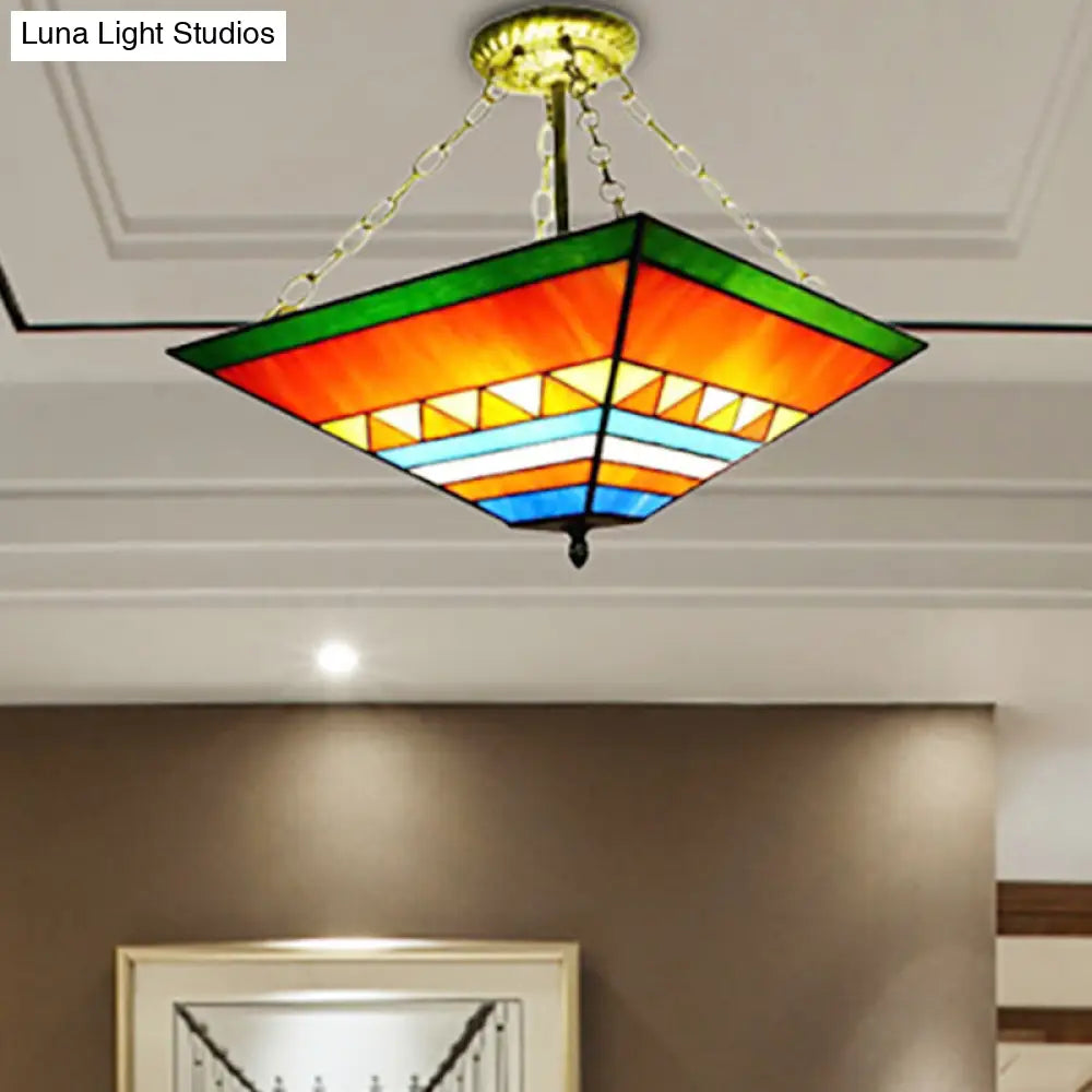 Tiffany Stained Glass Semi Flush Mount Ceiling Lamp - Stylish Inverted Design In Orange/Yellow