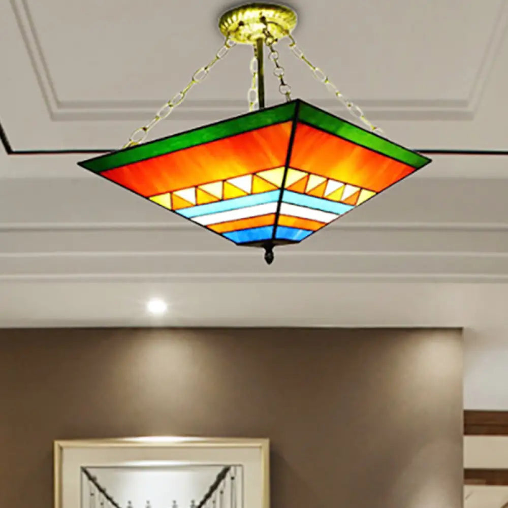 Stylish Tiffany Semi Flush Mount Light With Stained Glass Shade In Orange/Yellow Orange