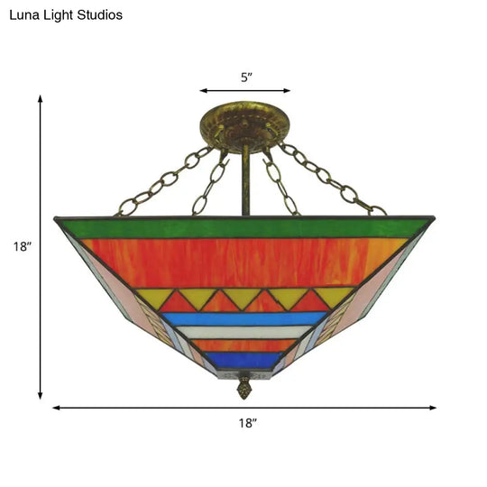 Tiffany Stained Glass Semi Flush Mount Ceiling Lamp - Stylish Inverted Design In Orange/Yellow