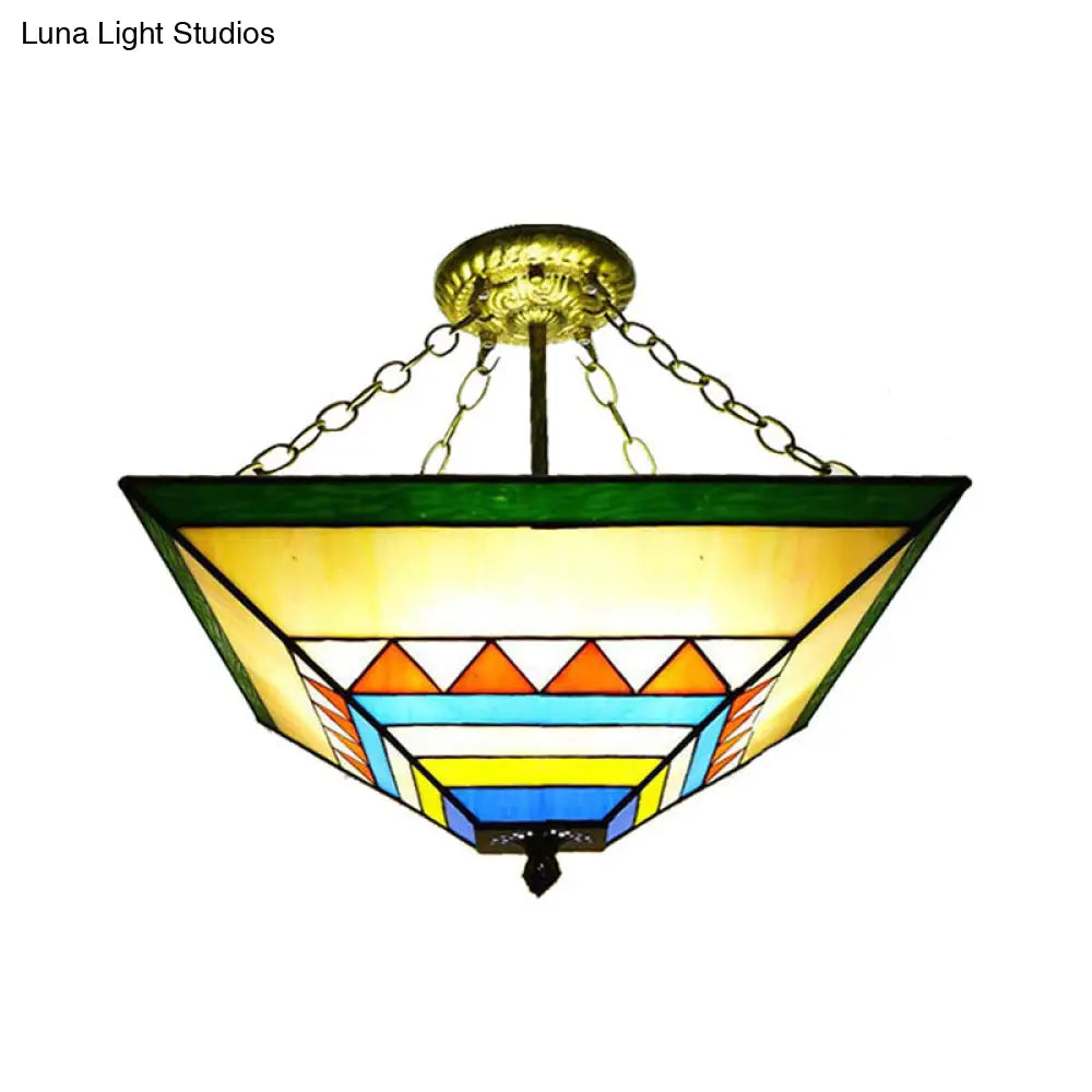 Tiffany Stained Glass Semi Flush Mount Ceiling Lamp - Stylish Inverted Design In Orange/Yellow