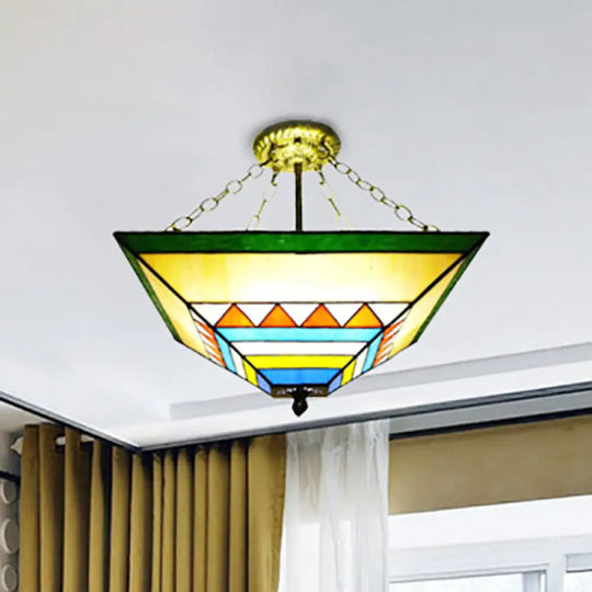 Stylish Tiffany Semi Flush Mount Light With Stained Glass Shade In Orange/Yellow Yellow