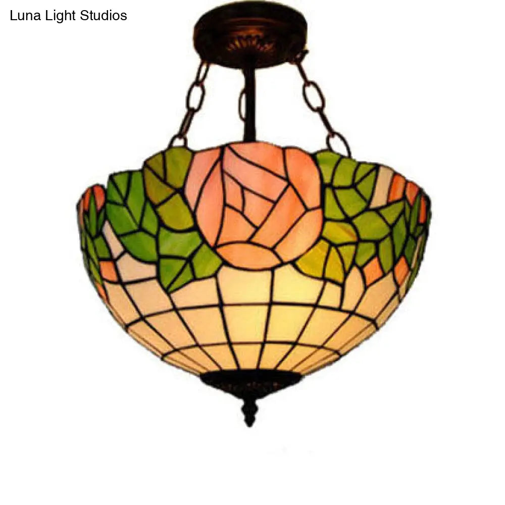 Bowl Pendant Lighting: Tiffany Style Pink & Green Suspension Lamp With Rose Pattern (3 Lights)