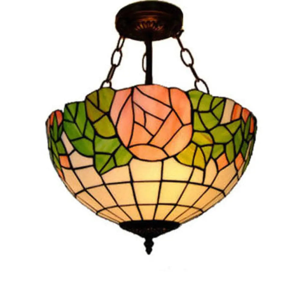 Stylish Tiffany-Style Bowl Pendant Lighting With 3 Lights - Pink And Green Glass Rose Pattern