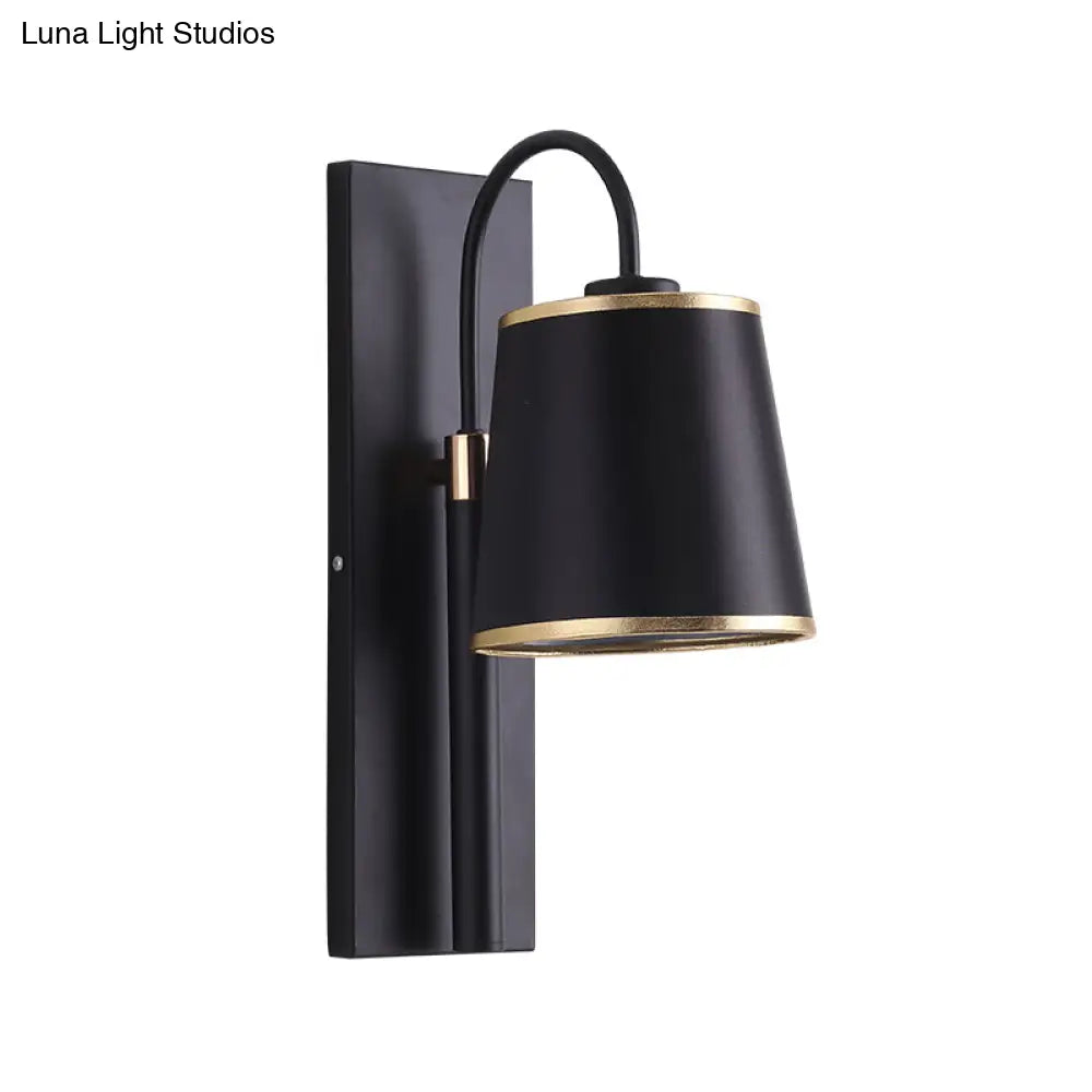 Stylish Vintage Black Fabric Wall Sconce With Gooseneck Arm - 1-Light Tapered Bedroom Lighting