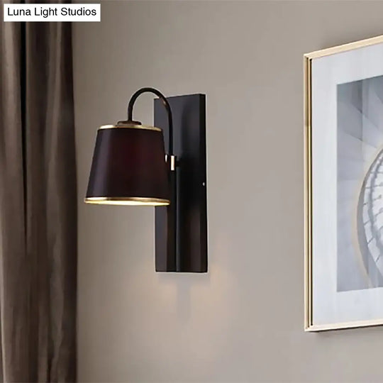 Stylish Vintage Black Fabric Wall Sconce With Gooseneck Arm - 1-Light Tapered Bedroom Lighting