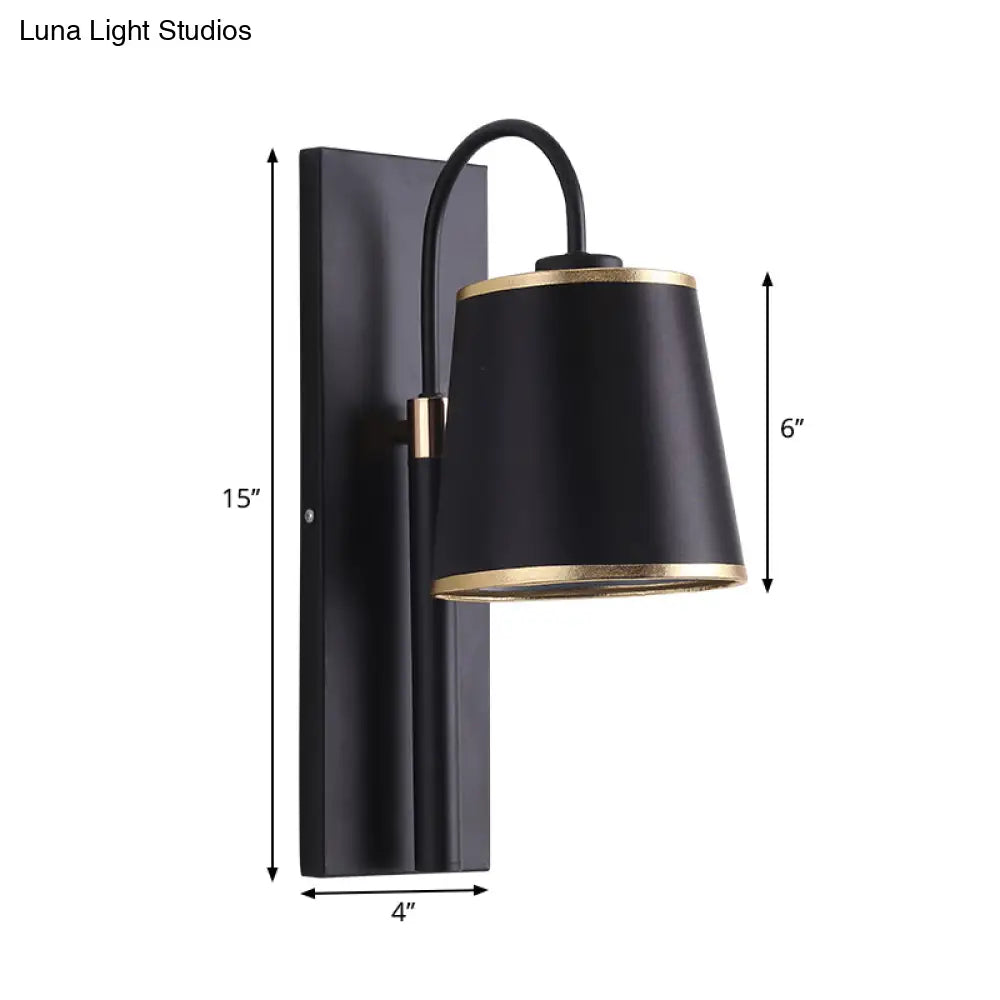 Stylish Vintage Black Fabric Wall Sconce With Gooseneck Arm - 1-Light Tapered Bedroom Lighting