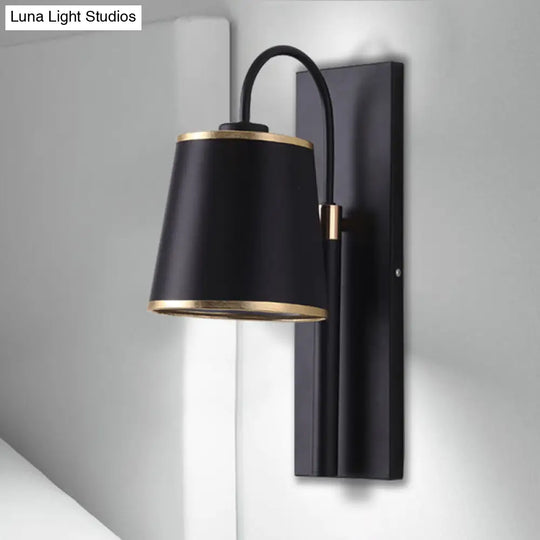 Stylish Vintage Black Fabric Wall Sconce With Gooseneck Arm - 1-Light Tapered Bedroom Lighting