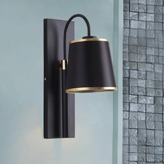 Stylish Vintage Black Fabric Wall Sconce With Gooseneck Arm - 1-Light Tapered Bedroom Lighting