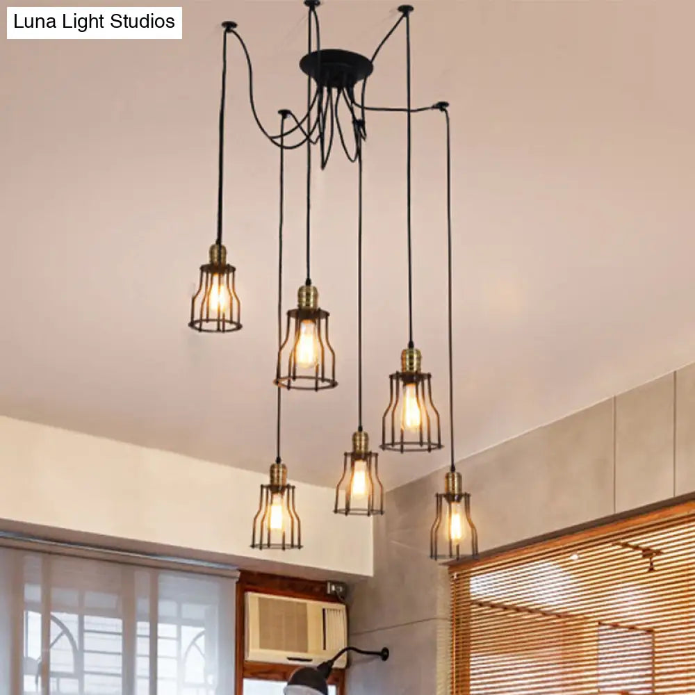 Vintage Metal Swag Pendant Lamp With Wire Guard - 6/10 Bulbs Stylish Black Ceiling Fixture For