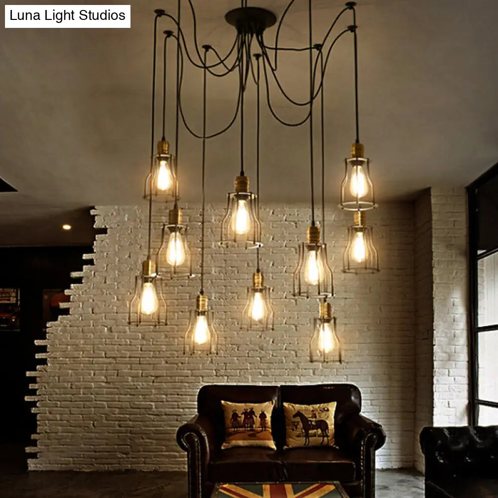 Vintage Metal Swag Pendant Lamp With Wire Guard - 6/10 Bulbs Stylish Black Ceiling Fixture For