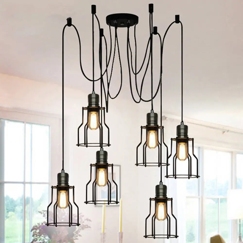 Stylish Vintage Metal Swag Pendant Lamp With Wire Guard - Black 6 /