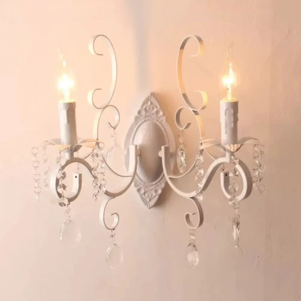 Stylish White Wall Lamp With Clear Crystal For Lodge - Candle Shape Metal Light 2 /