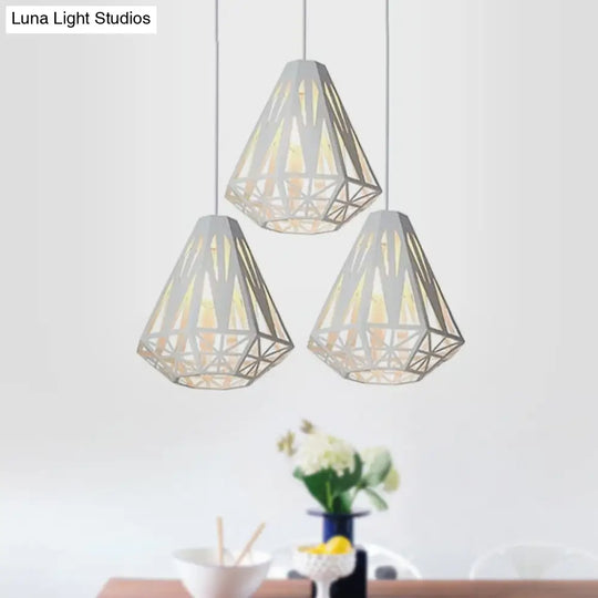 Stylish Wire Cage Suspension Light With Diamond Shade - Loft 3-Head Metal Ceiling Fixture