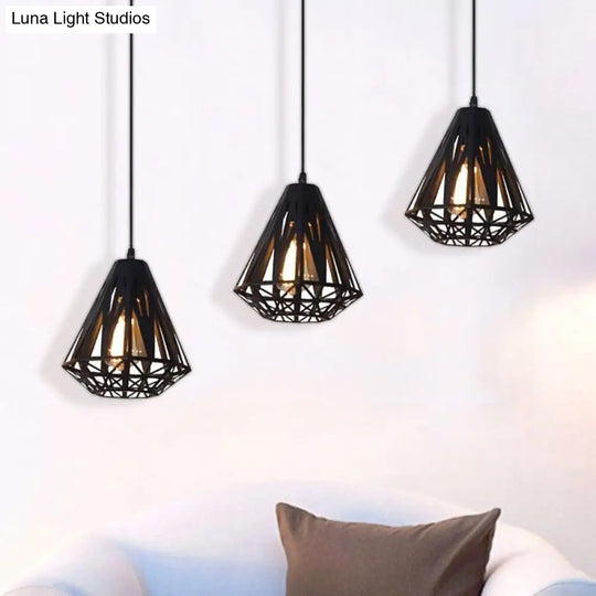 Stylish Loft Wire Cage Ceiling Light With Diamond Shade 3 Heads Black/White