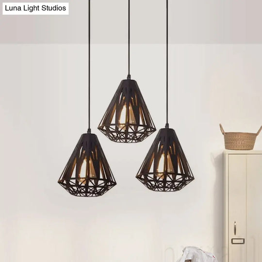 Stylish Wire Cage Suspension Light With Diamond Shade - Loft 3-Head Metal Ceiling Fixture