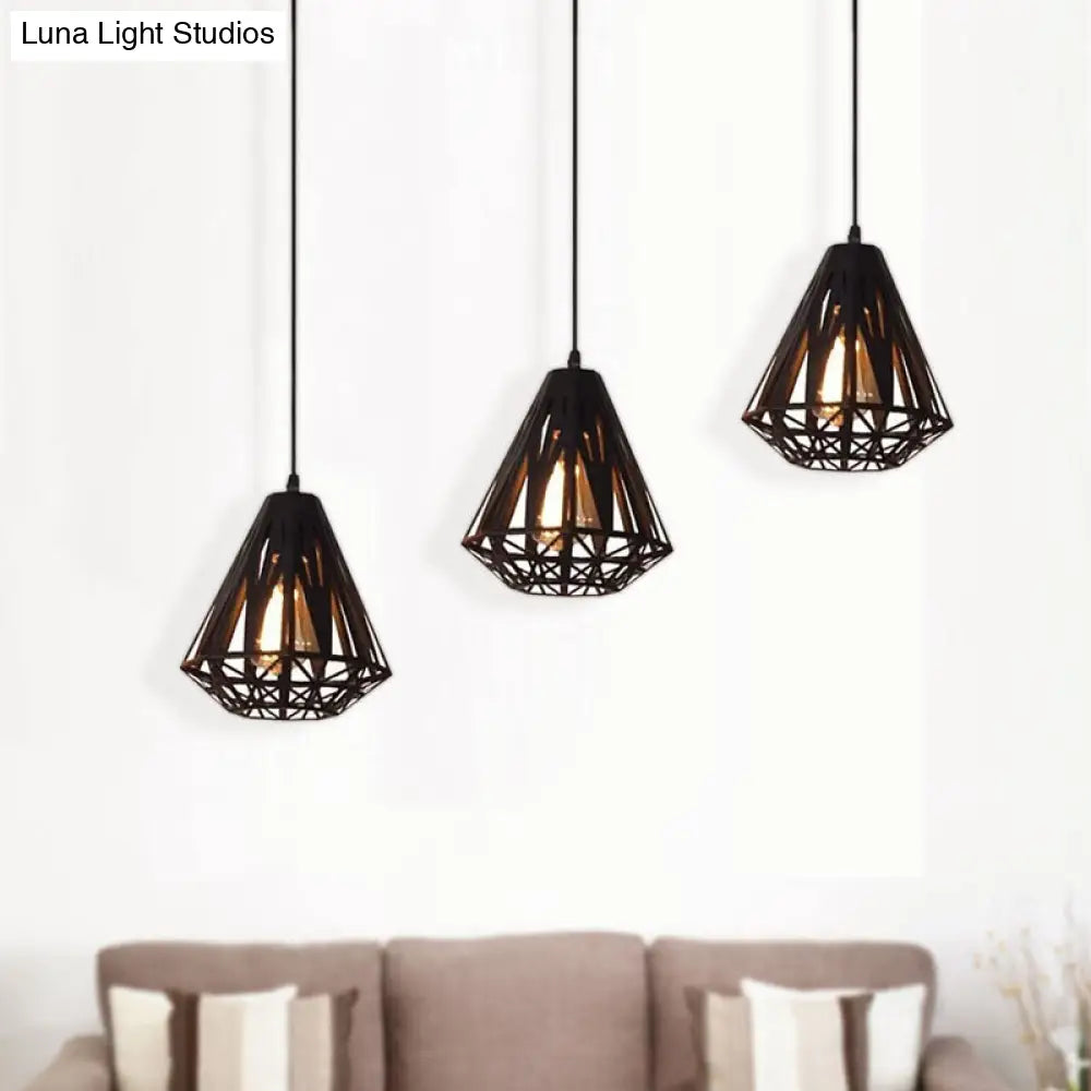 Stylish Loft Wire Cage Ceiling Light With Diamond Shade 3 Heads Black/White