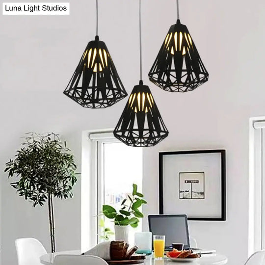 Stylish Loft Wire Cage Ceiling Light With Diamond Shade 3 Heads Black/White Black / Round