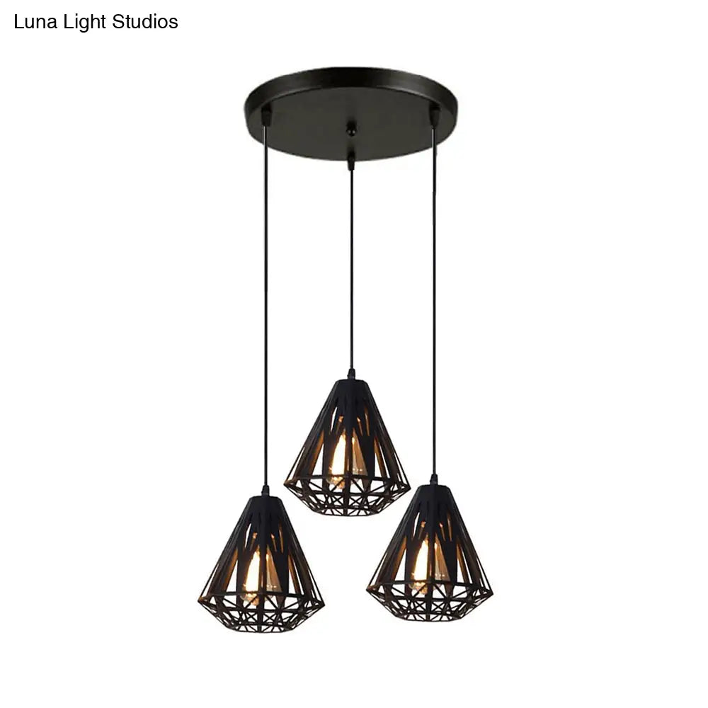 Stylish Wire Cage Suspension Light With Diamond Shade - Loft 3-Head Metal Ceiling Fixture