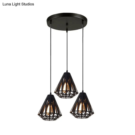 Stylish Wire Cage Suspension Light With Diamond Shade - Loft 3-Head Metal Ceiling Fixture