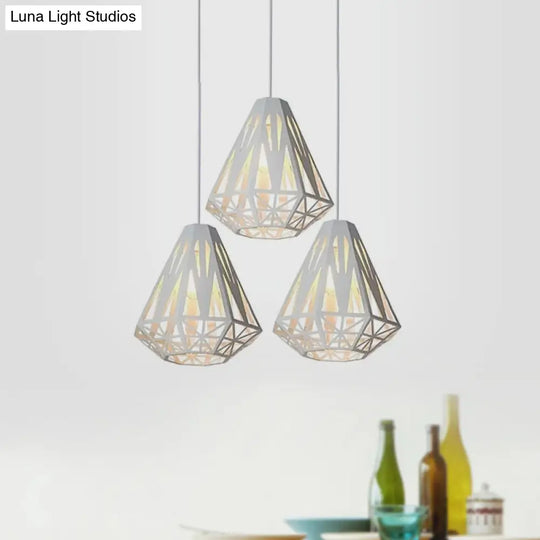 Stylish Wire Cage Suspension Light With Diamond Shade - Loft 3-Head Metal Ceiling Fixture