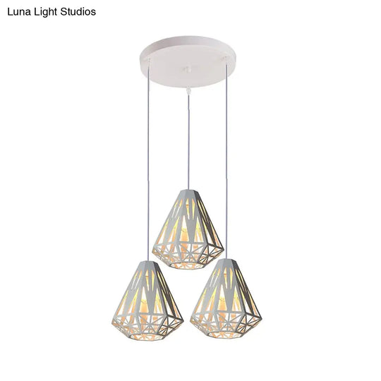 Stylish Wire Cage Suspension Light With Diamond Shade - Loft 3-Head Metal Ceiling Fixture