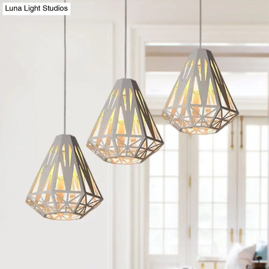 Stylish Loft Wire Cage Ceiling Light With Diamond Shade 3 Heads Black/White White / Linear