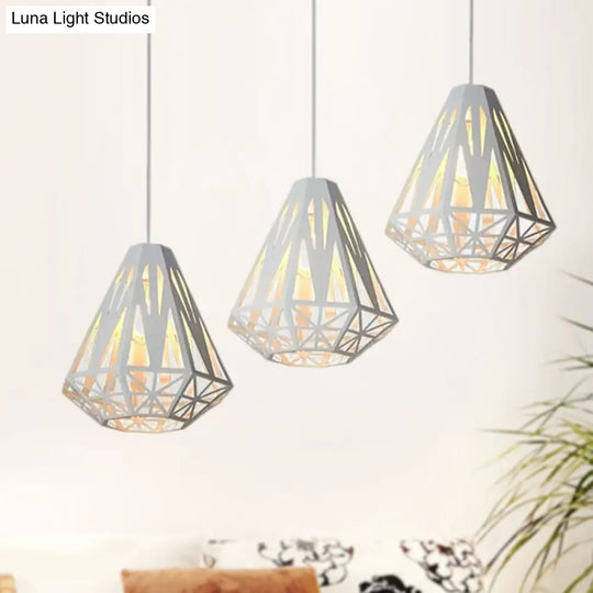 Stylish Wire Cage Suspension Light With Diamond Shade - Loft 3-Head Metal Ceiling Fixture