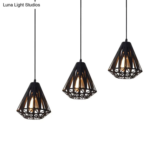 Stylish Wire Cage Suspension Light With Diamond Shade - Loft 3-Head Metal Ceiling Fixture